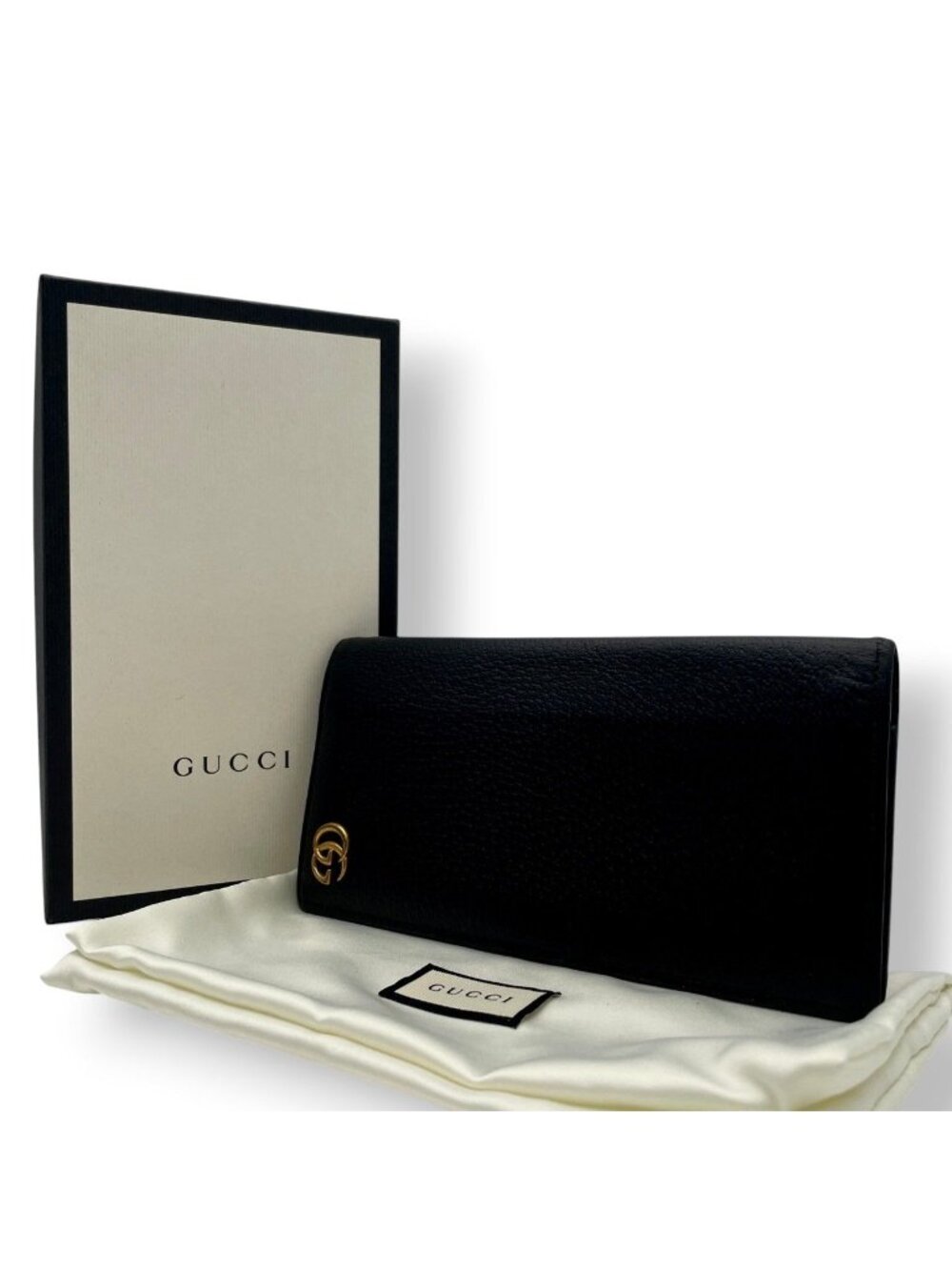 Gucci Wallet GG Marmont Bifold Billfold Leather Black Gold Interlocking Classic